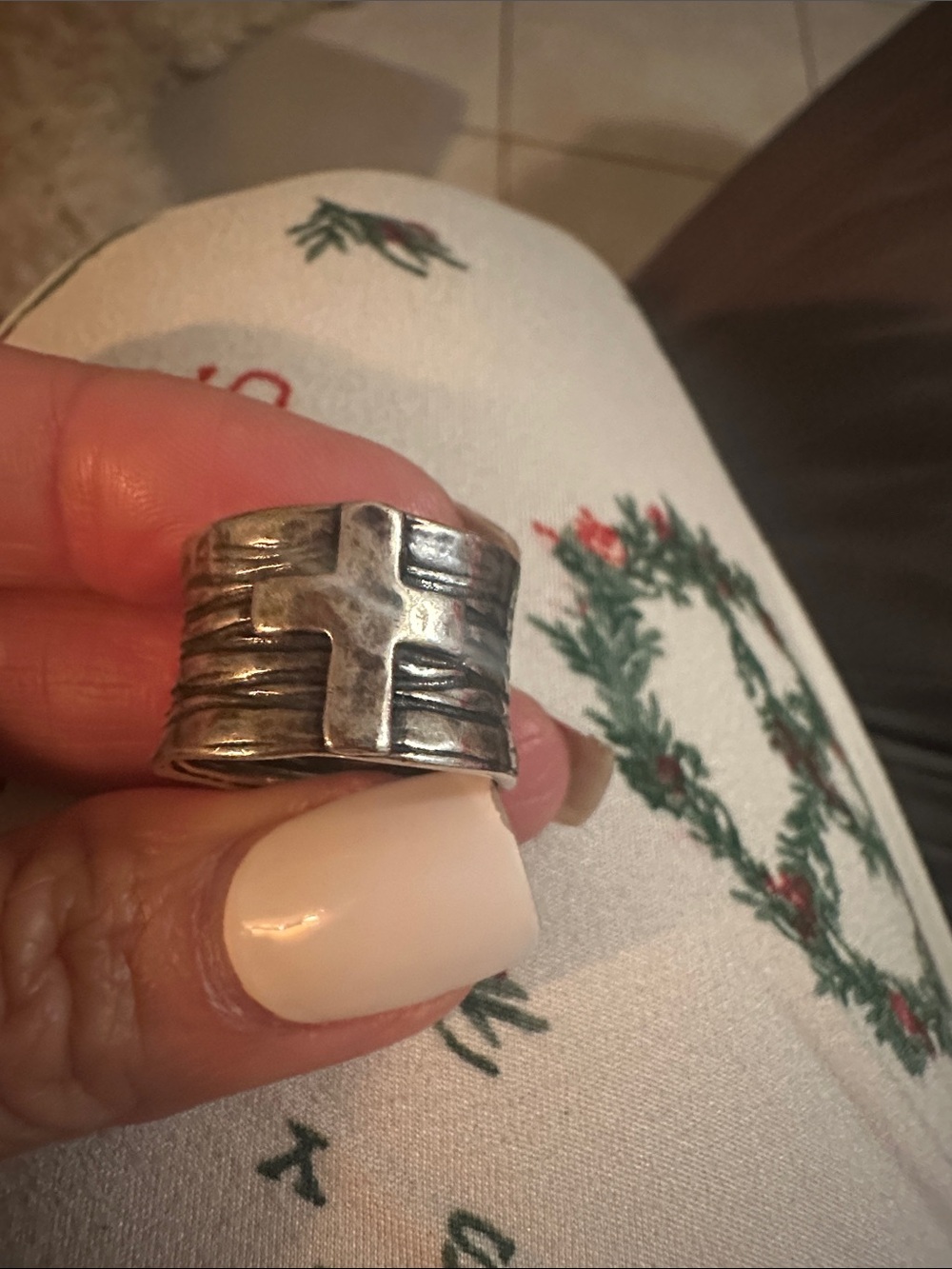 Sterling Silver Cross Wide Band Ring - Rustic Textured Finish